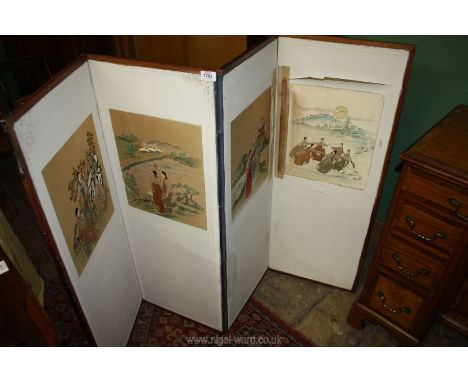 An attractive four panel folding Screen with oriental embroidered detail and chrome corners, each panel measuring 40'' x 15 1