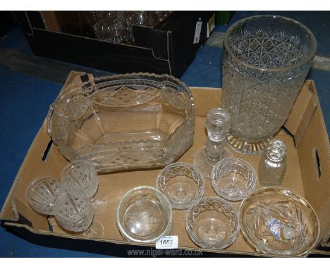 A quantity of glass including a planter, heavy cut glass vase, sundae dishes, three sherry glasses one marked Webb, bird pape