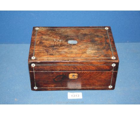 A Mahogany Box with mother of pearl and metal inlay, red felt interior (no key present), 9'' x 6 1/4'' x 4'' tall.