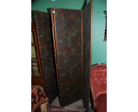 A four fold (Modesty) Screen decorated in relief in polychrome colours with chinoiserie scenes of figures in gardens with fen