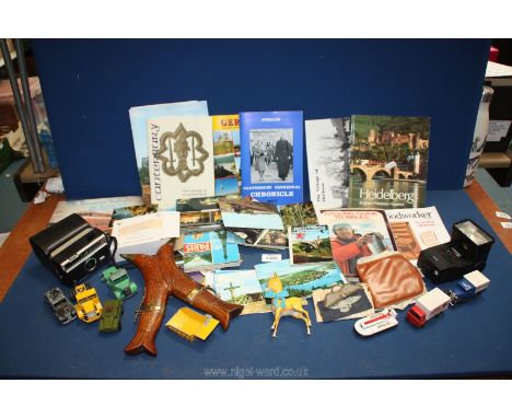 A quantity of miscellanea including Dinky and Matchbox model cars, Babycham Deer, Kodak Instamatic camera 104, military cloth