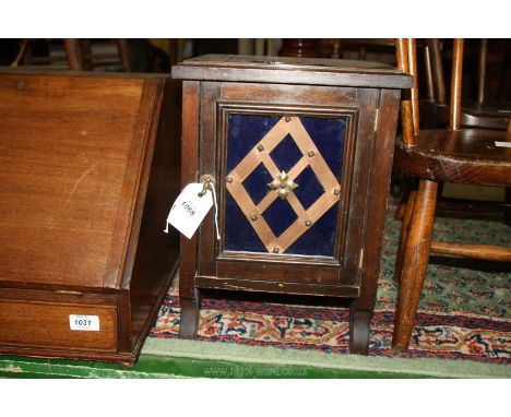 A small Cabinet with blue glass panel to door having feature copper diamond decoration, 15 1/2" x 9" x 11".