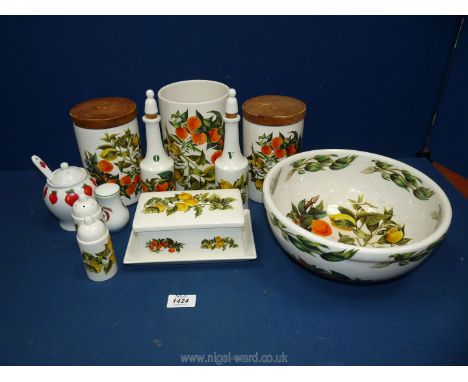 A quantity of Portmeirion 'Oranges and Lemons' china including fruit bowl, salt and pepper,, vinegar and oil bottles, butter 