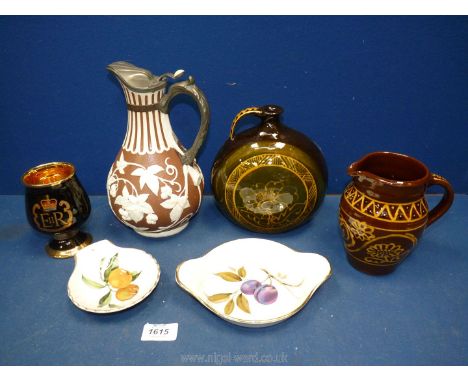 Royal Worcester Evesham dishes, Pewter lidded jug with embossed leaves and Studio pottery jugs.