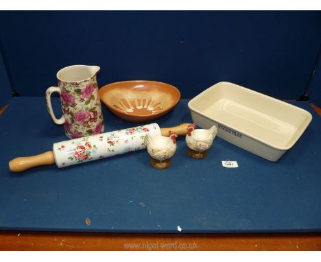 A small quantity of china including Emma Bridgewater oven dish and similar rolling pin, two novelty chicken egg cups, Lamorna