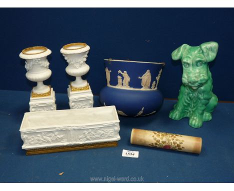 A quantity of miscellaneous china to include blue Jasper-ware hanging planter, green dog, white porcelain urns etc.