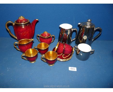 A Carltonware 'Rouge Royale' coffee set minus one cup together with Royal Worcester lustre coffee pot, jug and sugar bowl.