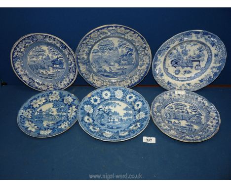 Five blue and white plates and one soup bowl including Rogers, impressed marks etc, some a/f