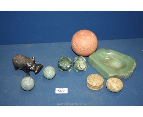 A green onyx ashtray, two carved green stone frogs and stone hippopotamus, trinket pots, etc. (some a/f)