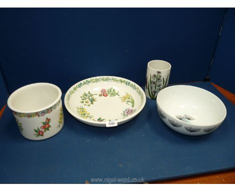 A long Portmeirion flowers of the year bowl 13" diameter, plus jar 5 1/2" tall, a Botanic garden utensil jar and a dandelion 