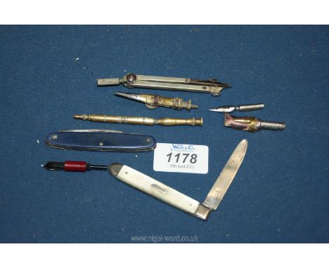 A Silver Fruit Knife and one other, a compass and part Geometry set plus nibs.