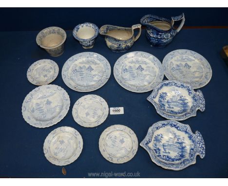 A quantity of small blue and white china items including a pair of pickle dishes, Copeland &amp; Garrett small bowl, Rogers s