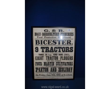 A 1919 framed Tractor Auction advert by The Board of Agriculture and Fisheries, 18 1/2" x 23 1/2".