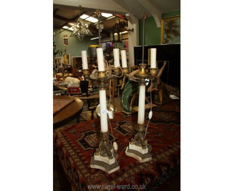 A pair of excellent quality white marble and ormolu triple light Table Lamps, the elegant tapering pillars having complex des