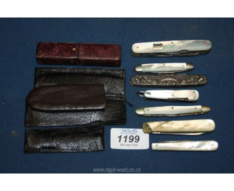 A leather bound cased mother of pearl Penknife for J. Parkin Esq 9th November 1892, with five other small mother of pearl fru