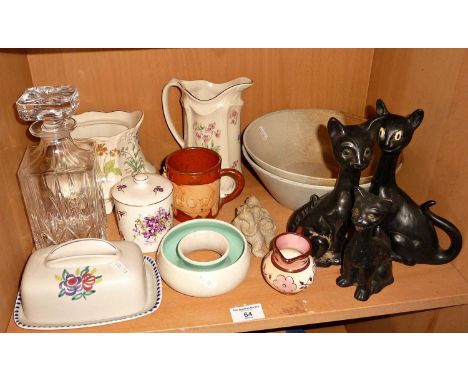 Poole Pottery butter dish, three scary cat figurines and other china with a glass decanter