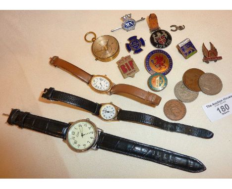 Wrist watches, coins and enamel badges