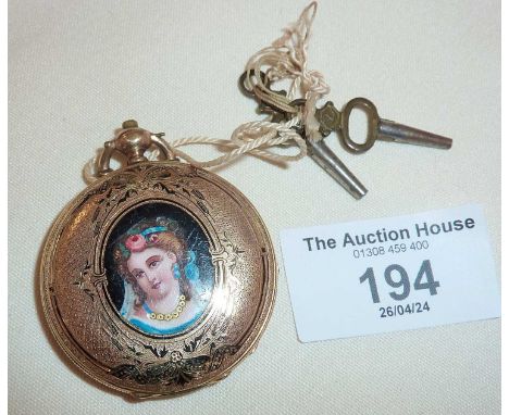 Gold plated pocket watch with enamelled panel showing a portrait miniature of a lady