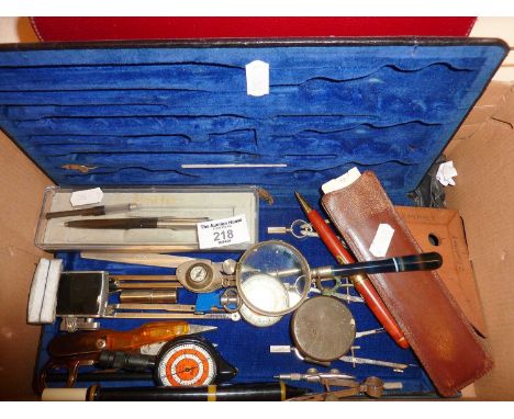 Draughtsman's tools, Horne &amp; Thornethwaite compass, banded agate handle magnifying glass etc