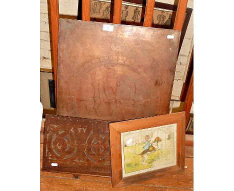 19th c. etched copper plate of the points of the compass, a humorous fox on hound print and a carved oak bookrest