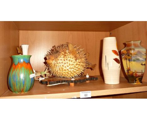 Puffer fish lamp, 1930's Royal Staffordshire vase, 1960's West German vase and two others