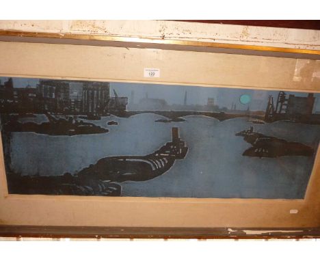 Coloured lithograph (12/30) of The Thames at Dusk with bridge and barges, signed in pencil lower right, 22" x 42" including f