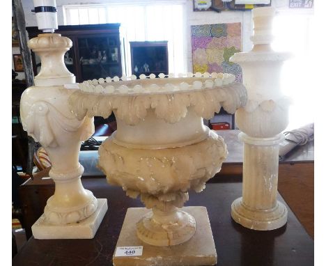 Victorian alabaster urn and two similar lamp bases