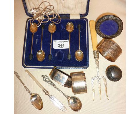 Hallmarked silver cutlery including coffee bean spoons, Arab niello napkin ring, butter pat fork, miniature photo frame etc