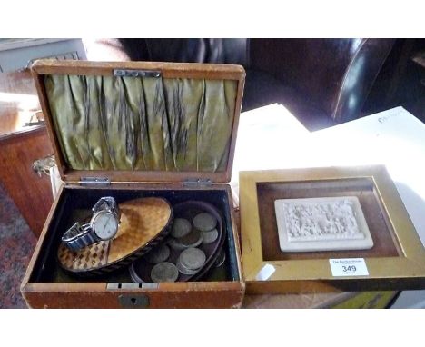 Leather jewellery box and contents, inc. half crowns, a Rotary wrist watch (A/F), together with a Flemish carved alabaster ba