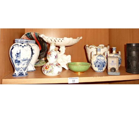 Continental porcelain centrepiece with putti stem, two pairs small Dutch Delft vases, Wedgwood black basalt spill vase, Poole