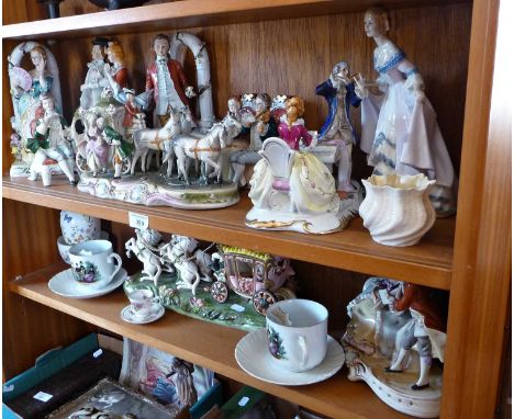 8 various Continental china figures groups, together with Victorian Welsh Tea Party moustache cup and saucers x 2, Belleek po