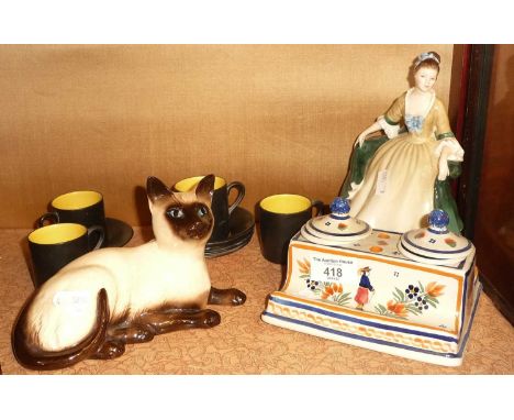 Quimper double inkwell, Royal Doulton Elegance figurine, Royal Doulton Siamese cat and a Crown Ducal coffee set