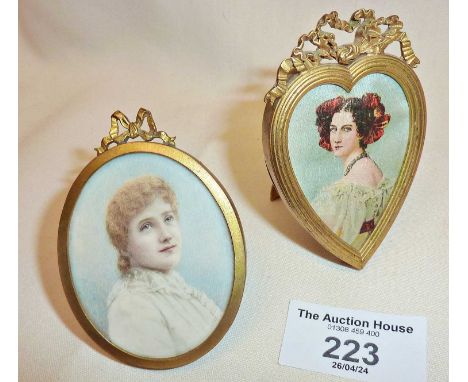Portrait miniature in gilt frame of Edwardian lady, another gilt photo frame with silk picture
