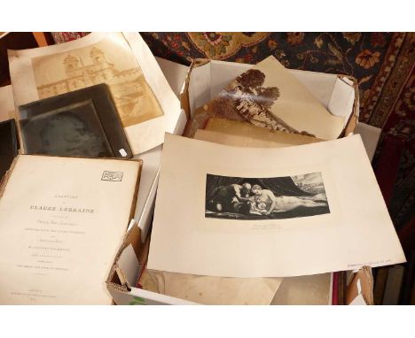 Collection of assorted albumen print photographs, 3 Victorian x-ray plates, engravings of "The Beauties of Claude Lorraine", 