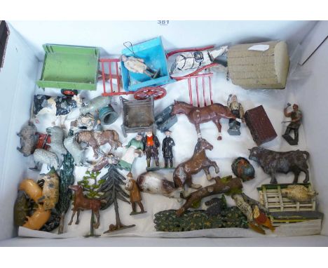 Collection of farm lead figures, inc. Tumbrel cart and drover, tractor trailer, Smith set, Britains and other farm people (50