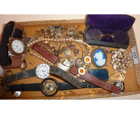 Vintage costume jewellery, wrist watches, old spectacles, enamel badges etc