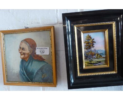 Oil on board portrait of an old gypsy lady, signed Vinci, 6" x 6", together with a Francoise Limoges ceramic miniature landsc