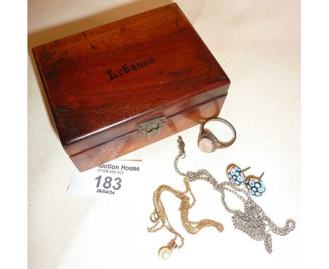 9ct gold chain with pearl pendant and other jewellery in old box marked Lebanon