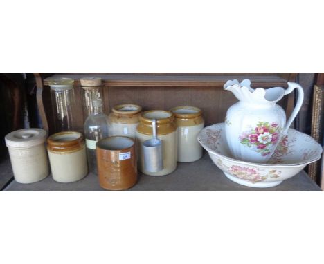 Assorted stoneware jars, inc. a Bourne &amp; Son, Denby Potteries jar, glass chemists bottle and a jug and basin