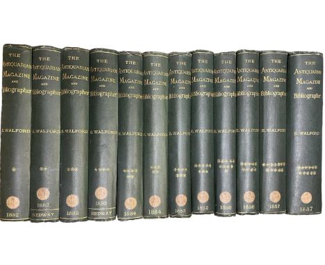ONE BOX: E: WALFORD: THE ANTIQUARIAN MAGAZINE AND BIBLIOGRAPHER, 1882 - 1887. Uniformly bound in red calf with green spines. 