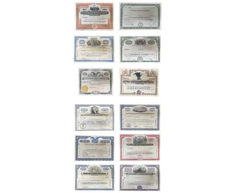 US SHARE CERTIFICATES x12: NEW YORK CENTRAL RAILROAD CO 1965; PITTSBURGH AND LAKE ERIE RAILROAD CO 1968; TRIBUNE OIL CORP 196