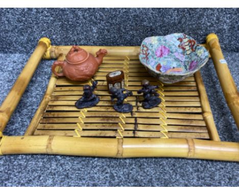 Chinese bamboo twin handled tray together with Terracotta teapot, bowl, minature with lid &amp; 3 karate figurines