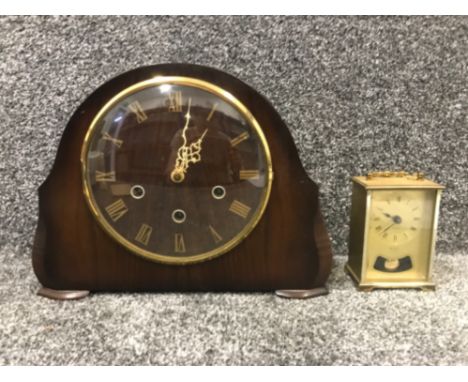 Vintage Mahogany mantle clock together with brass effect carriage clock