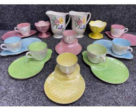 18 pieces of Maling lustre (multiple colours) cups &amp; saucers plus 2x sundae’s, also includes 2x Maling style Jugs