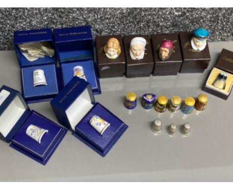 Collection of thimbles including Caithness, 6x cloisonné, 4x Royal Worcester &amp; 4 character thimbles by Francesca Stafford