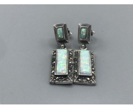 A pair of silver marcasite and opal panelled Art Deco style drop earrings 5.91g gross