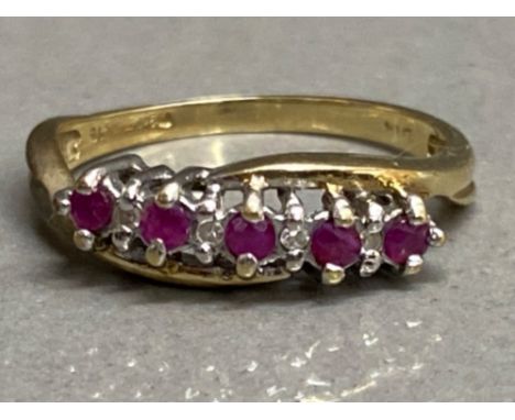 9ct yellow gold Ruby &amp; Diamond half hoop ring, size L1/2, 2g gross