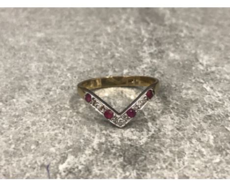 9ct yellow gold ruby and diamond wishbone style ring size O 2g gross