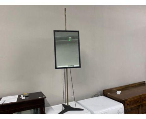 Heavy metal German opticians mirror on adjustable pedestal stand, 158cm