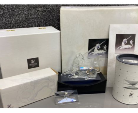 Swarovski Crystal glass Unicorn ornament on genuine Swarovski stand with crystal plaque, all include original boxes